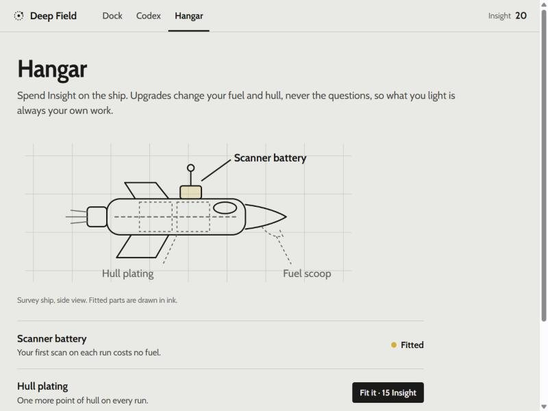 The Hangar, with upgrades bought with what you’ve earned.