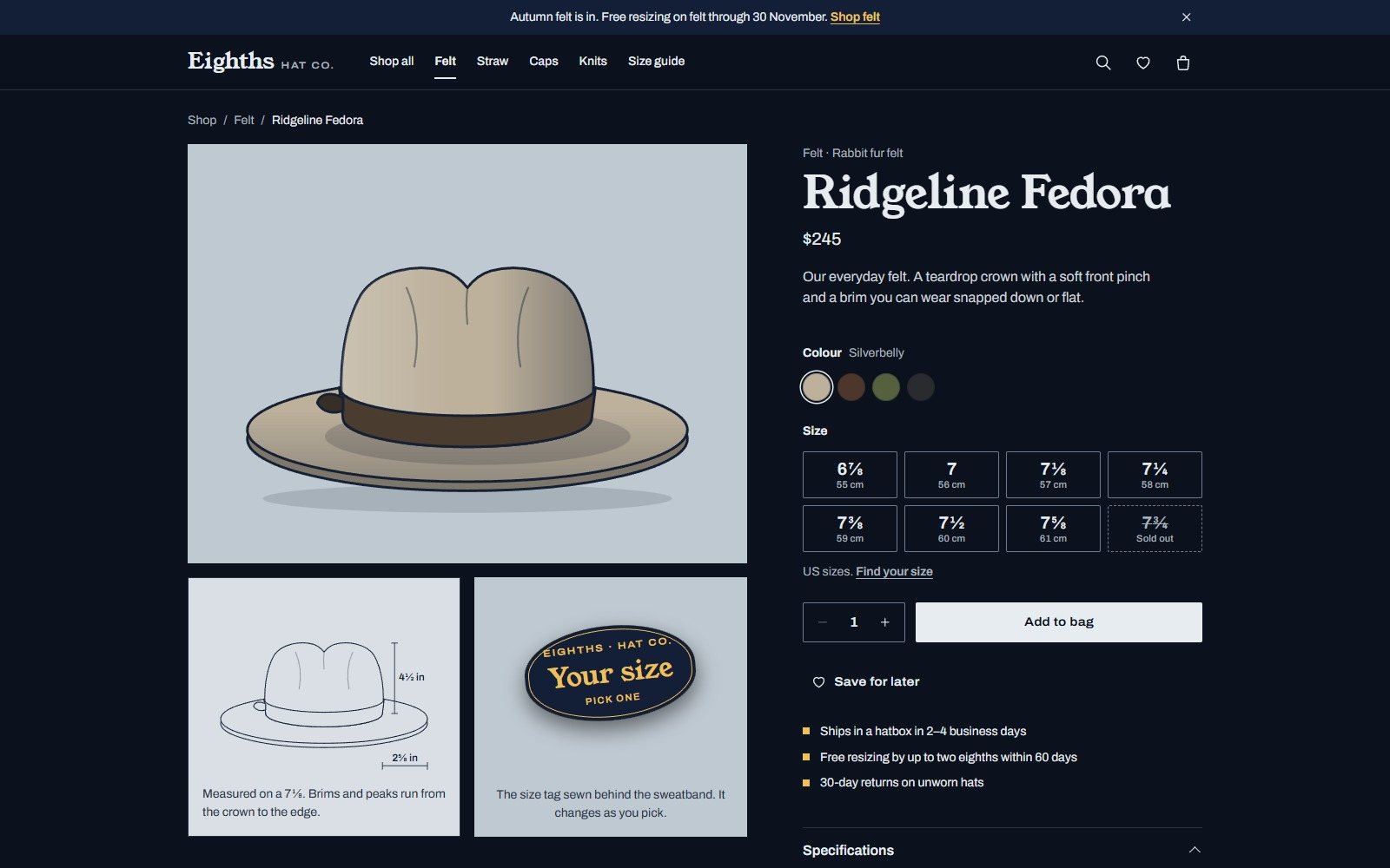 A product page: picking a colourway redraws the hat.