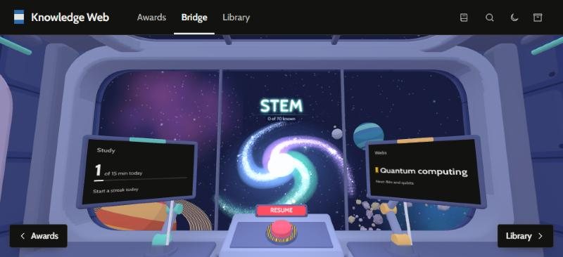 The home screen, the “bridge”, with today’s study and the newest web.