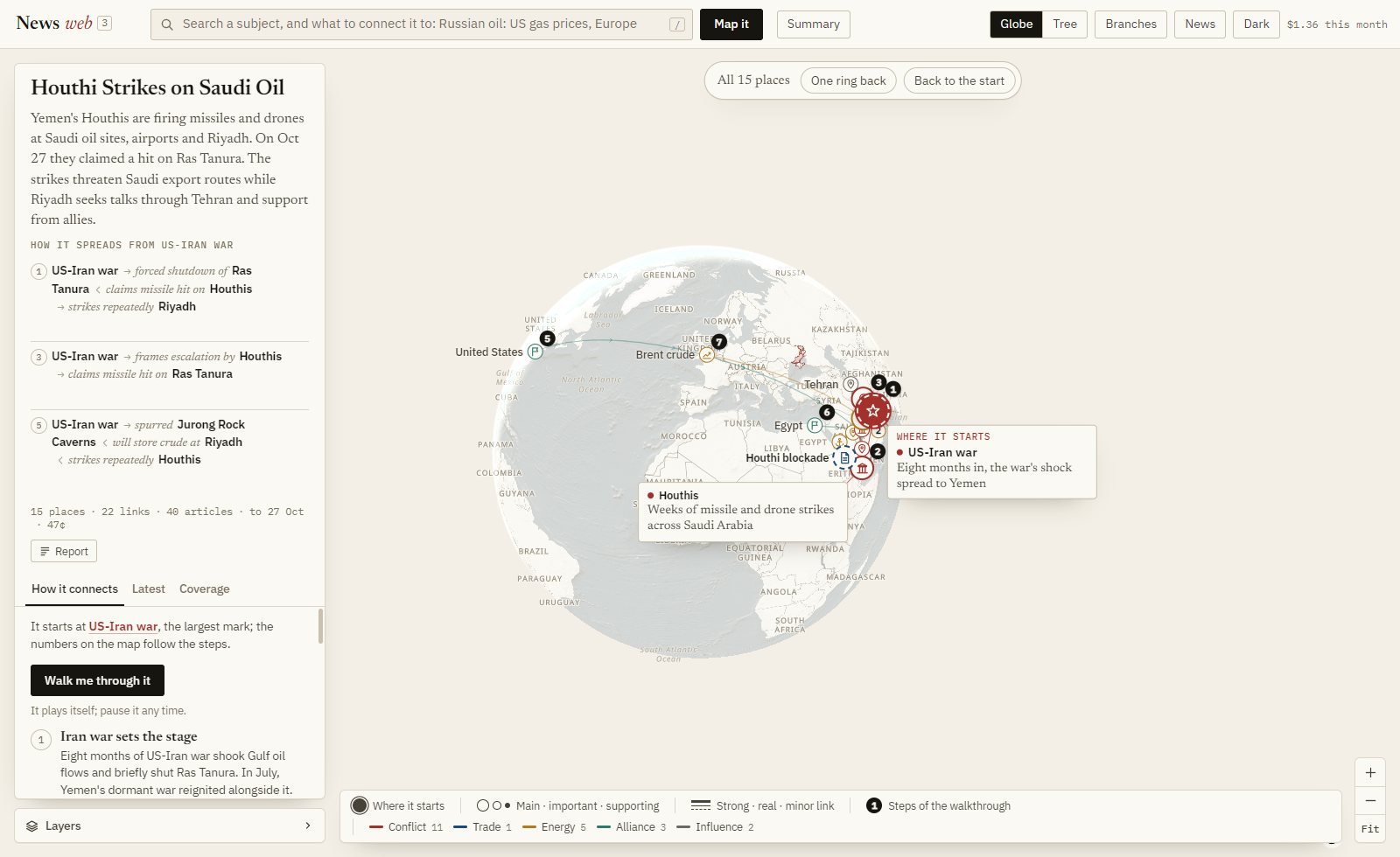 Version 3 with a story I mapped, Houthi strikes on Saudi oil: 15 places grown outward from where it starts, and a walkthrough on the left.