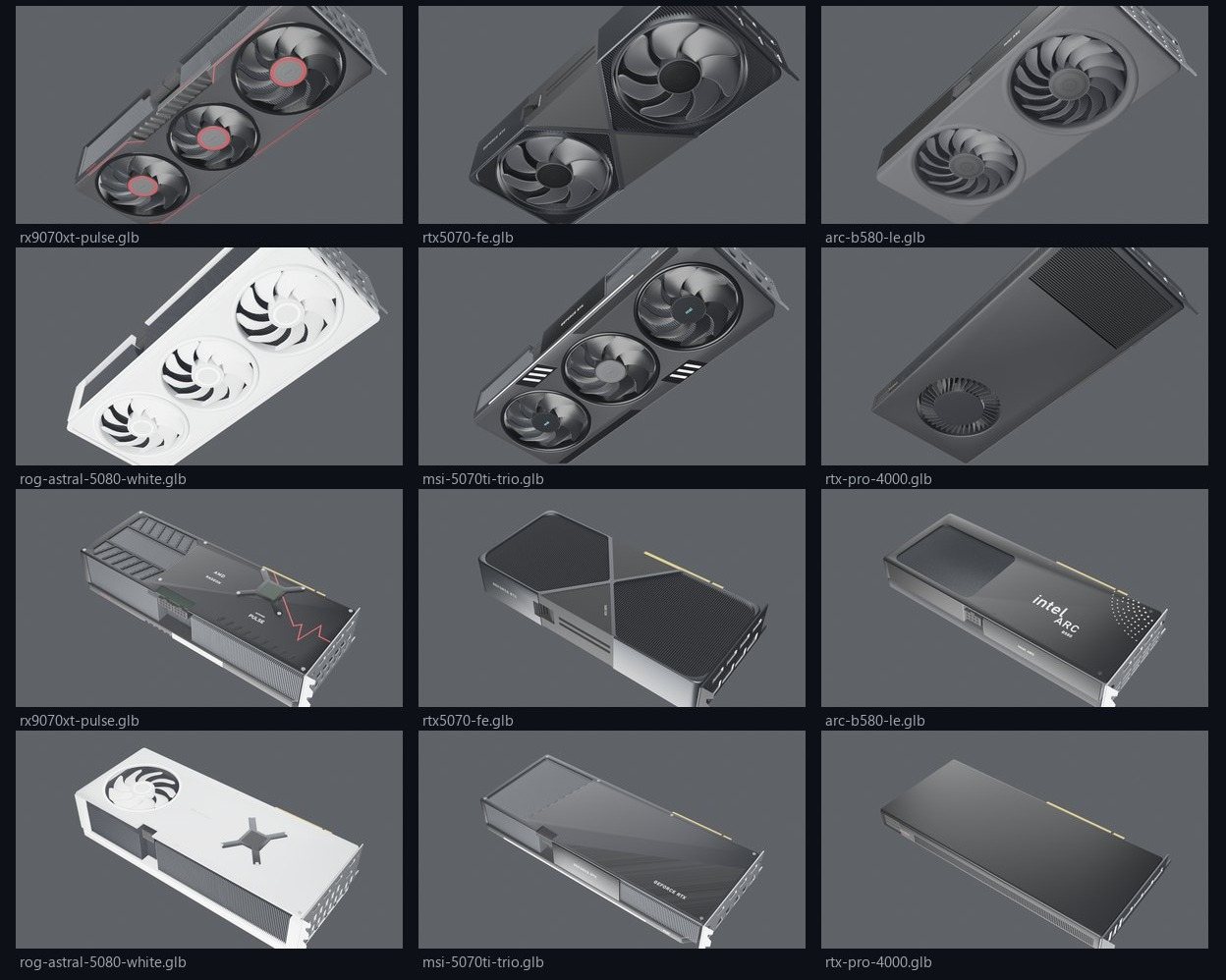 Seven graphics cards, each built by its own Python script in Blender and rendered in Eevee.