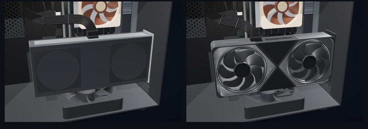 Drawn in code (left) and modelled in Blender (right): the same RTX 5070 Founders Edition in its case.