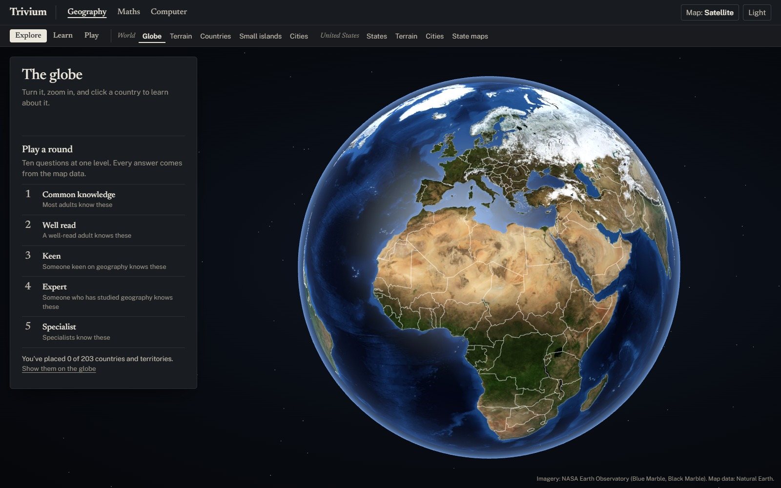 The globe stage, with NASA’s Blue Marble imagery and five levels of rounds to play.